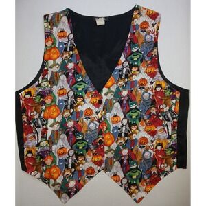 Vintage 111 Main Halloween Printed Vest Womens Pumpkin Ghost Skeleton‎ 1x